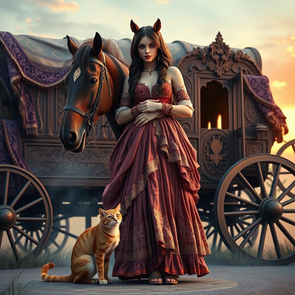 Majestic Gypsy Lady in Front of Ornate Wagon with Regal Hors...