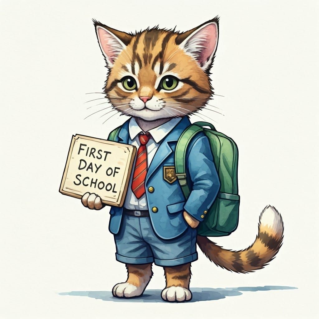 Kitten's First Day of School: Watercolor Illustration