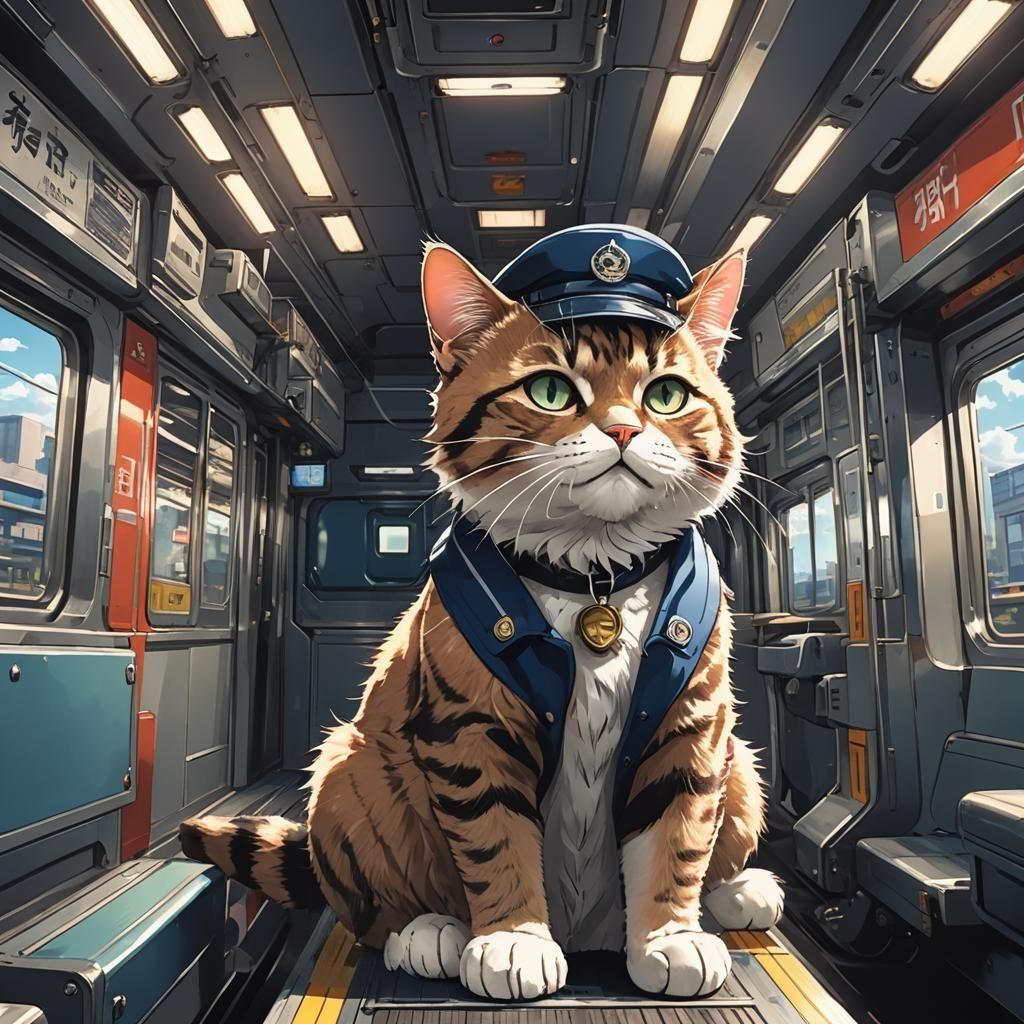 Anime Cat Train Driver in Cel-Shaded Style