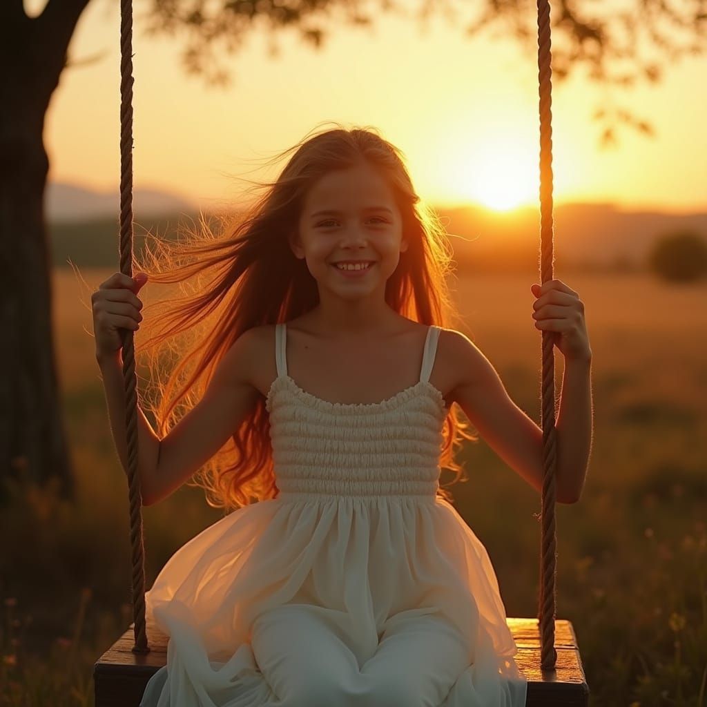Girl on Swing at Sunrise: Cinematic Film Still