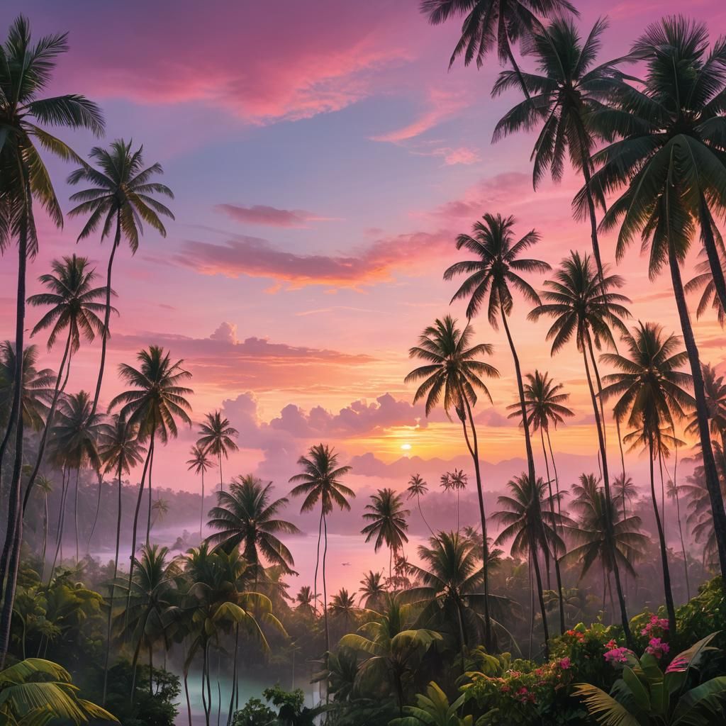 Tropical Island Sunrise in Dreamlike Impressionist Style