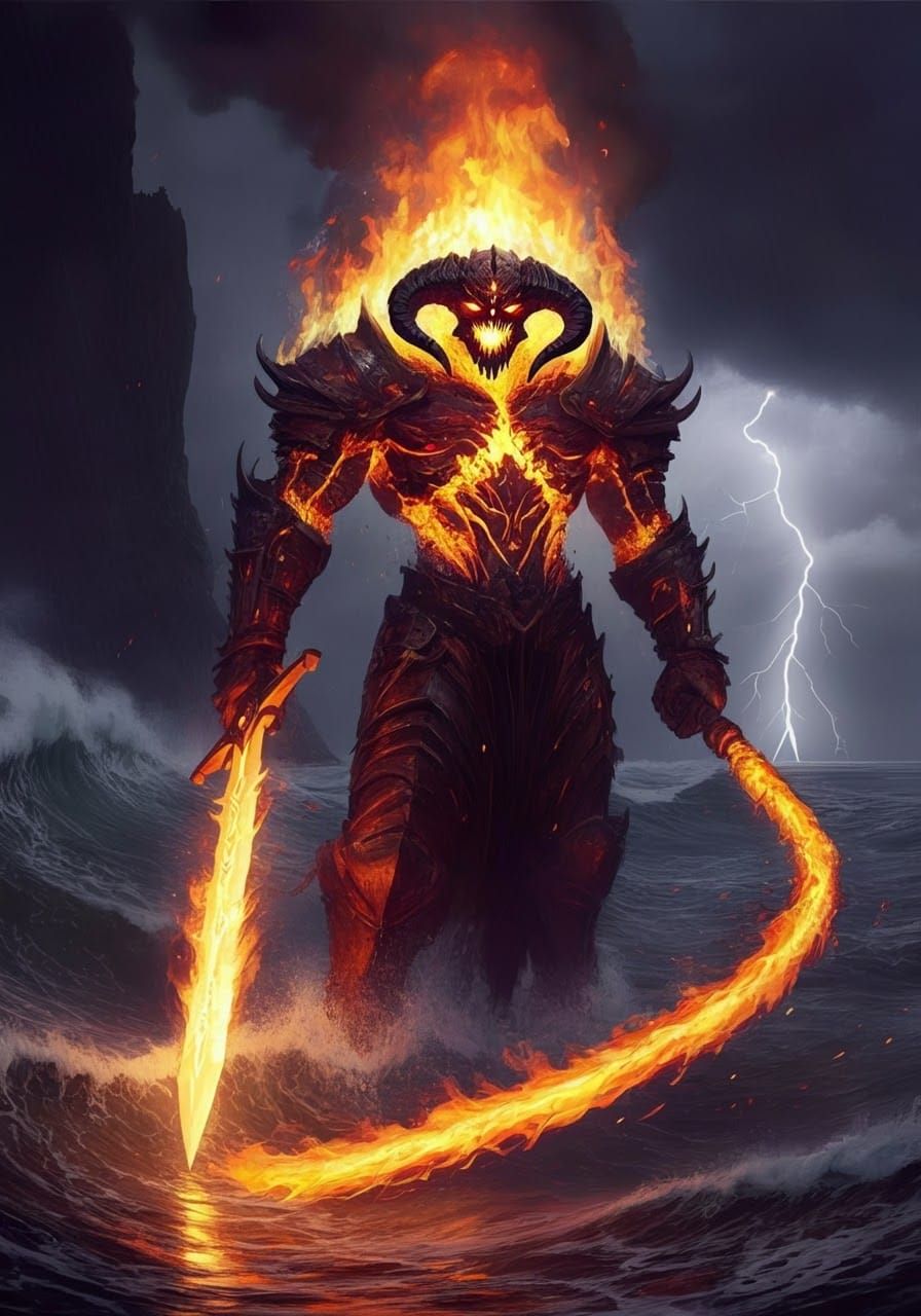 Fiery Balrog-like Creature in Stormy Waters
