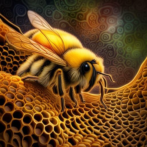 Macro Bees in Hive: 3D Mixed Media Fine Art