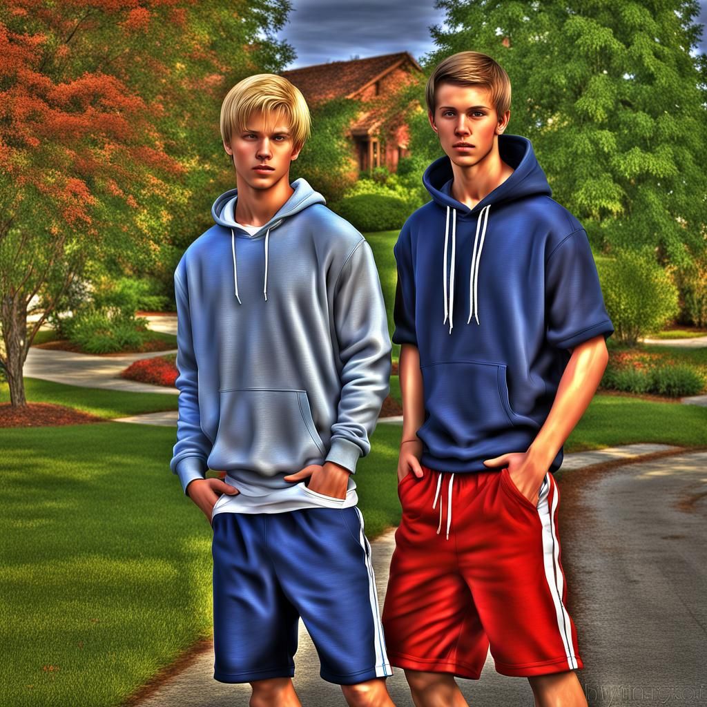 Hyperrealistic Portrait of Two Young Men in Suburbia