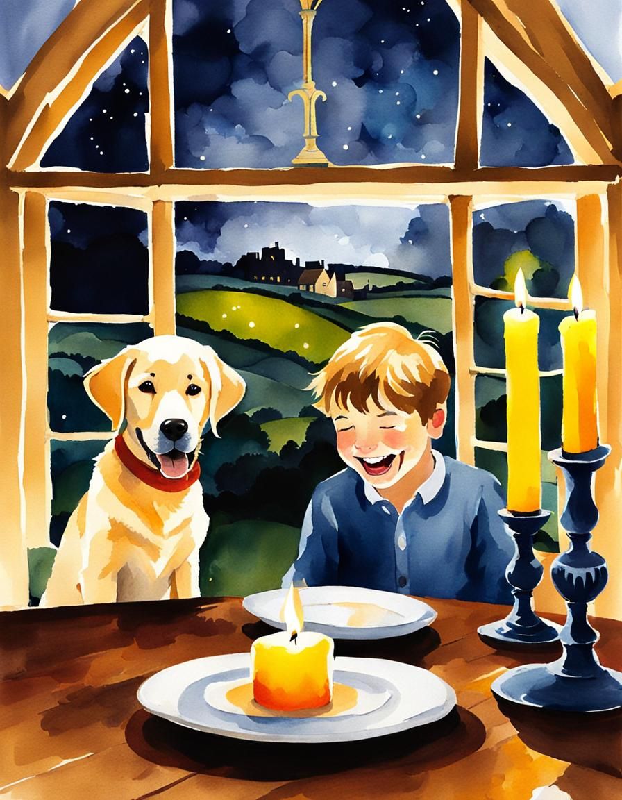 Mischievous Boy and Puppy in Farmhouse, Watercolour Style