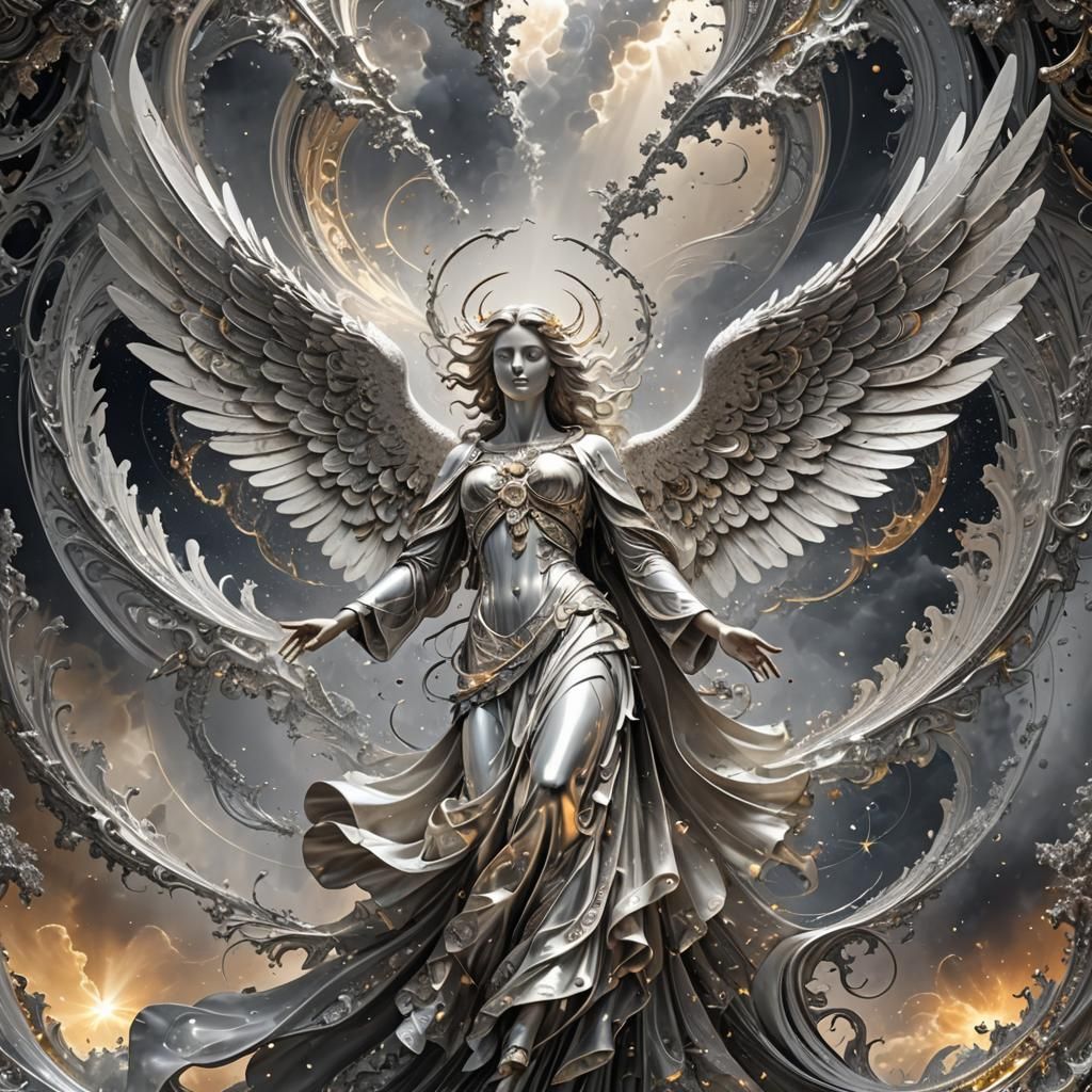 Majestic Embossed Angel in Flight with Fractal Vortex
