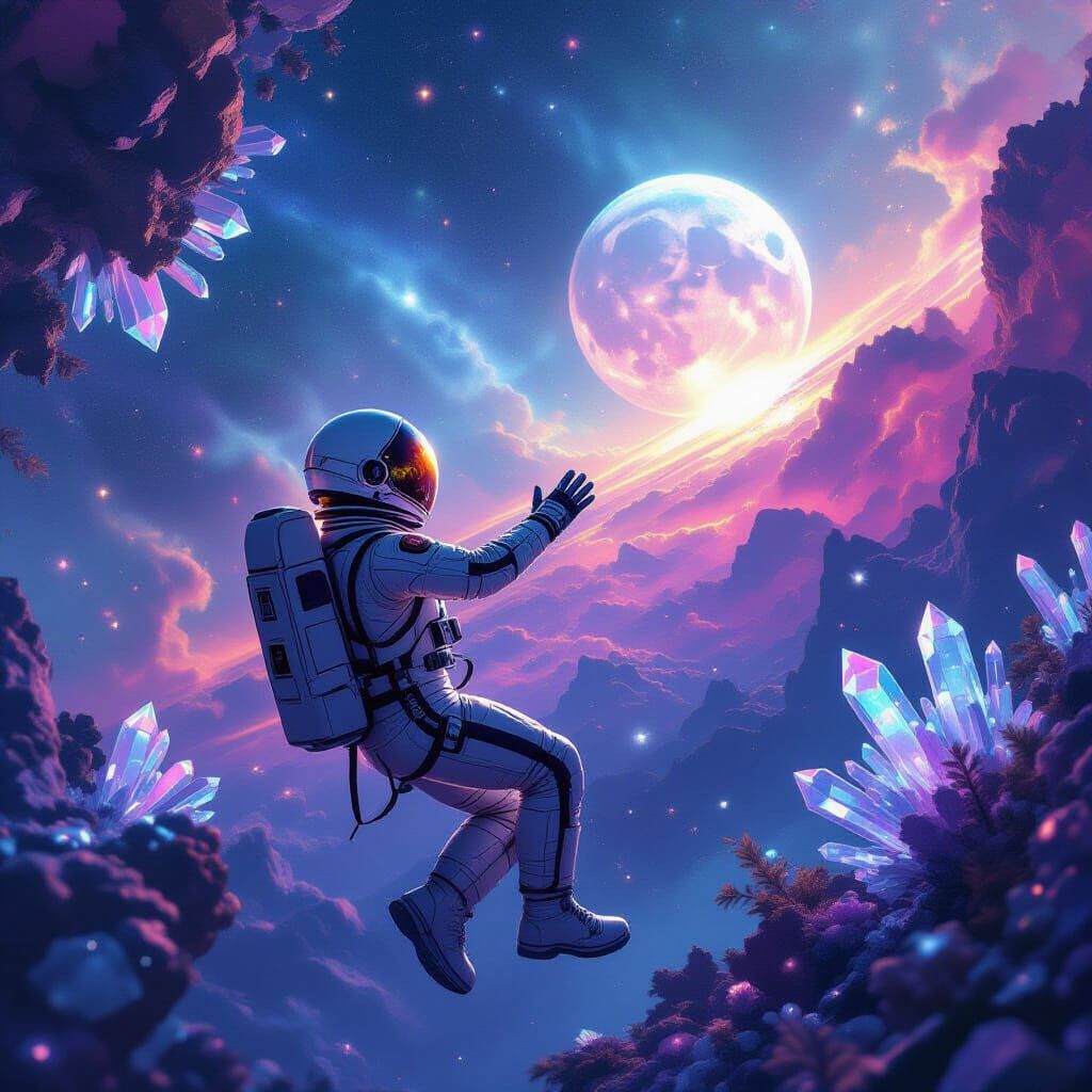 Astronaut Drifting in Bioluminescent Nebula