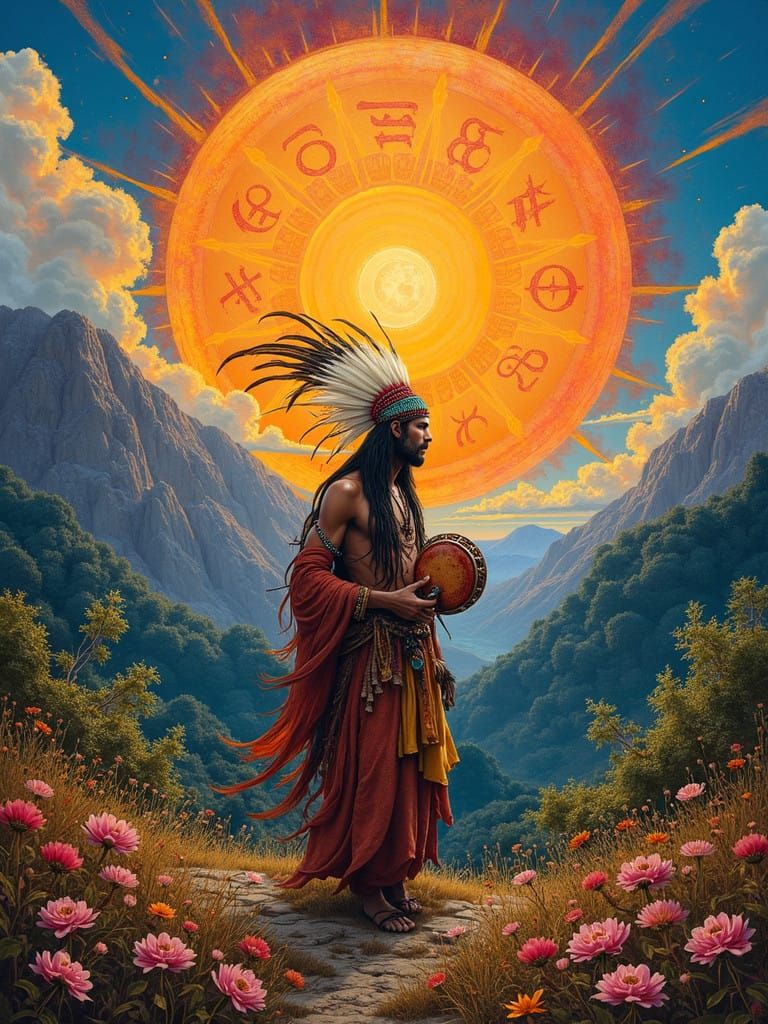Mystical Shaman in a Seven-Colored Sunrise Landscape