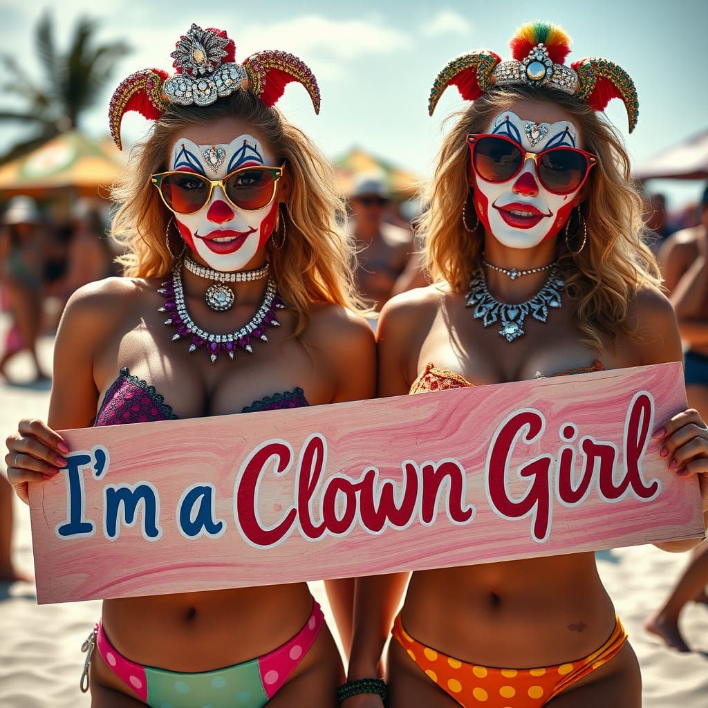 Clown Girls at Beach Party in High-Contrast Style