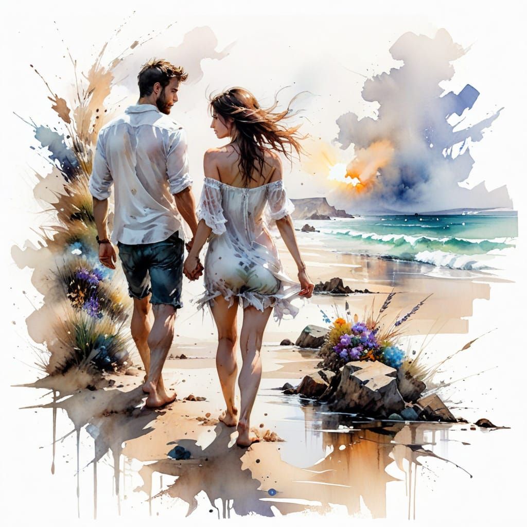Romantic Couple Walking on Beach in Watercolour Style