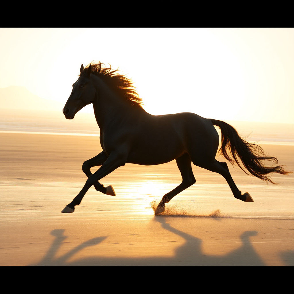 Black Horse Galloping on Beach at Dawn