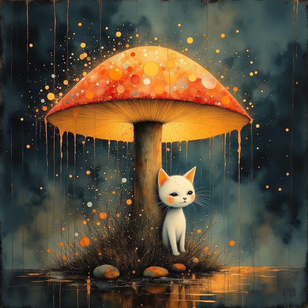 Whimsical Kitten Under Glowing Mushroom During Rain