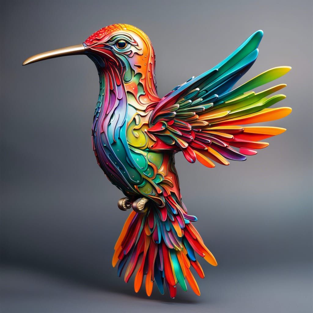 Polychromatic Hummingbird Sculpture in Graffiti Art Style