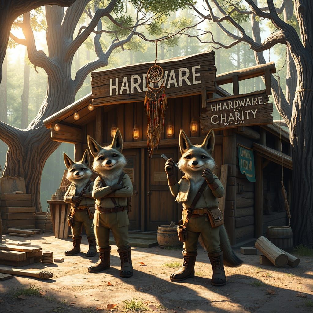 Whimsical Coyotes Build Rustic Hardware Store at Charity Boo...