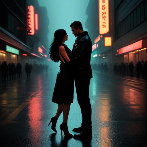 Neon Embrace: A Cinematic Film Noir Moment
