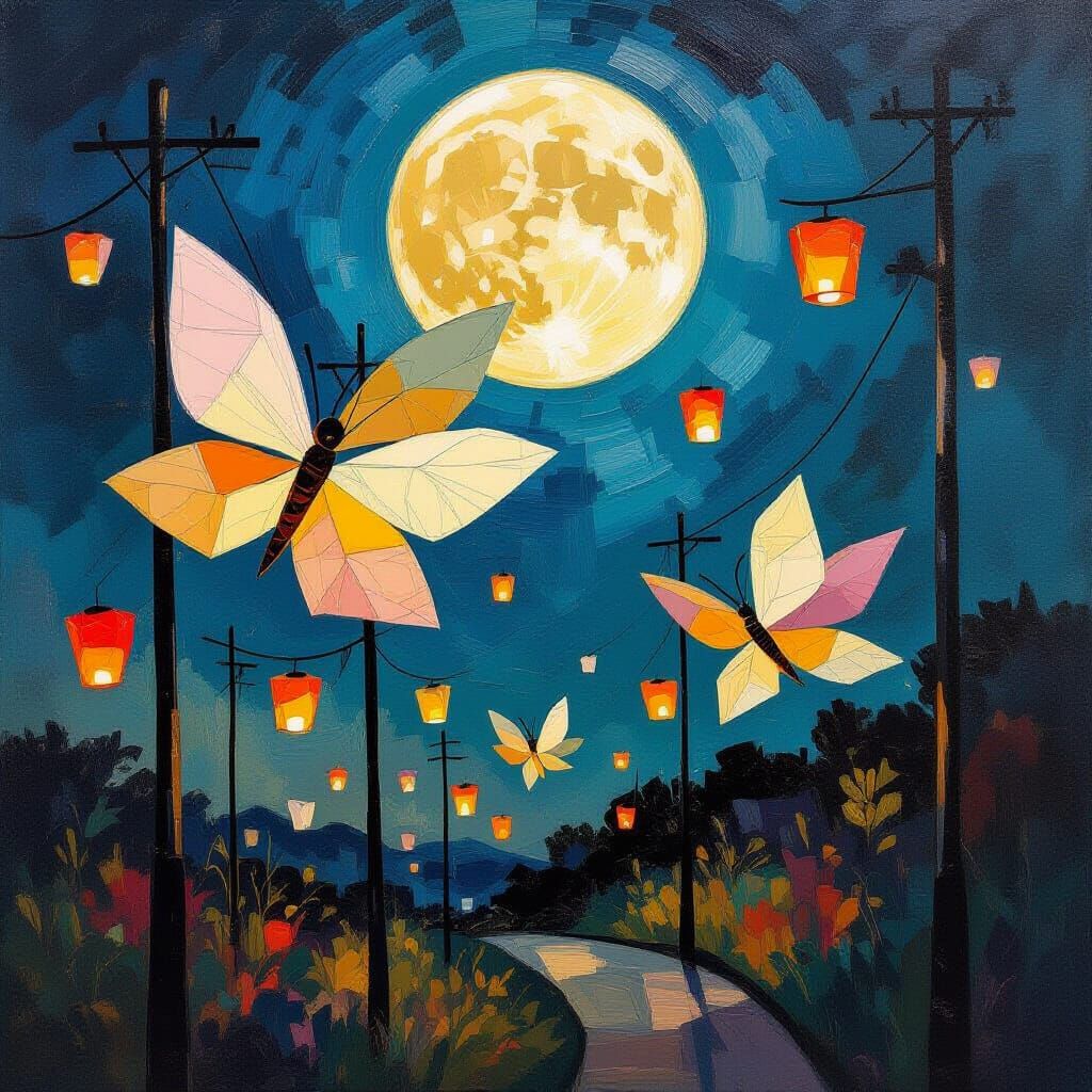 Giant Fireflies and Lanterns in Neo-Impressionist Style
