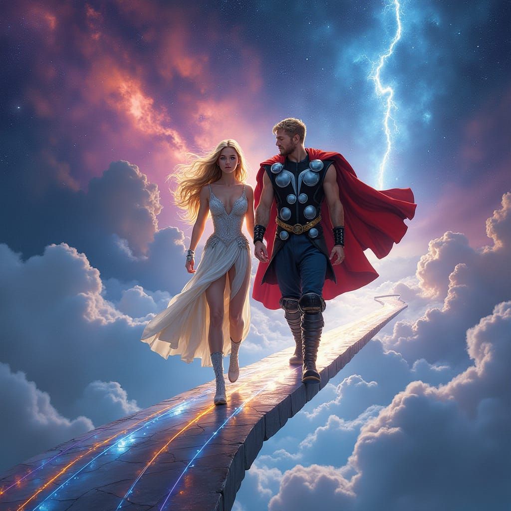 Thor and Emma Frost on Bifrost Bridge in Space