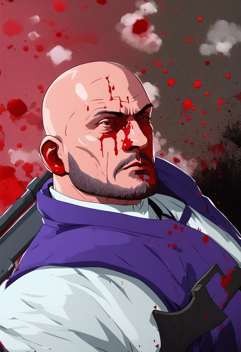 Bloody Bald Man with Axe