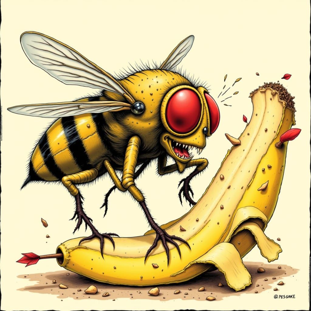 Hungry Fruit Fly Checks Watch, Stabs Banana with Arrow