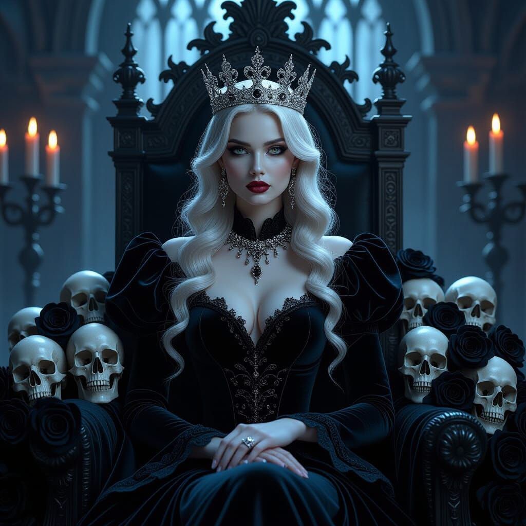 Majestic Queen in Gothic Palace with Skulls and Roses