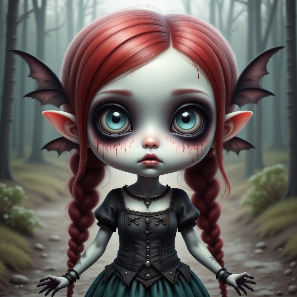 Gothic Pixie Girl with Red Hair and Wings