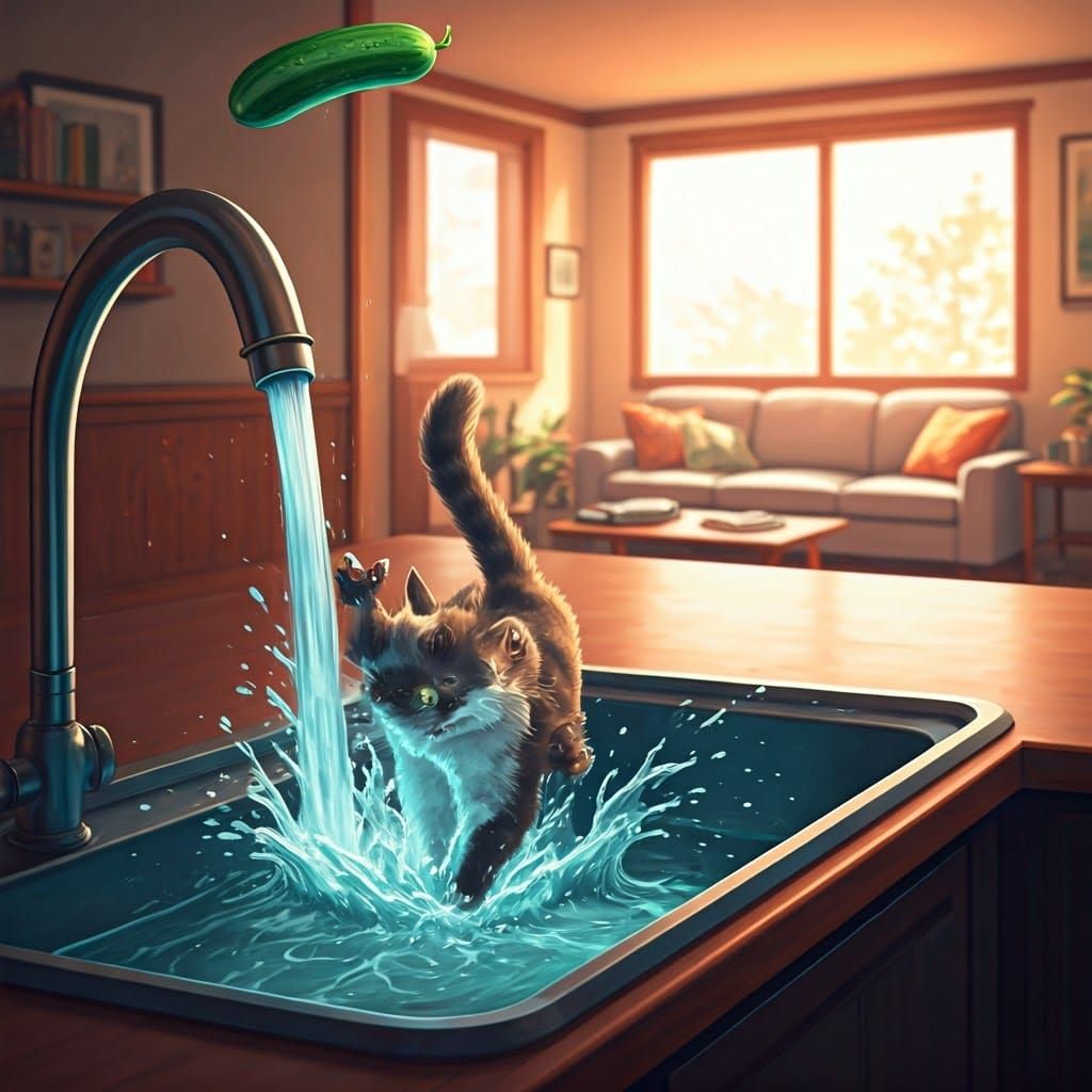 Frightened Cat's Cucumber Escape: Expressive Illustration