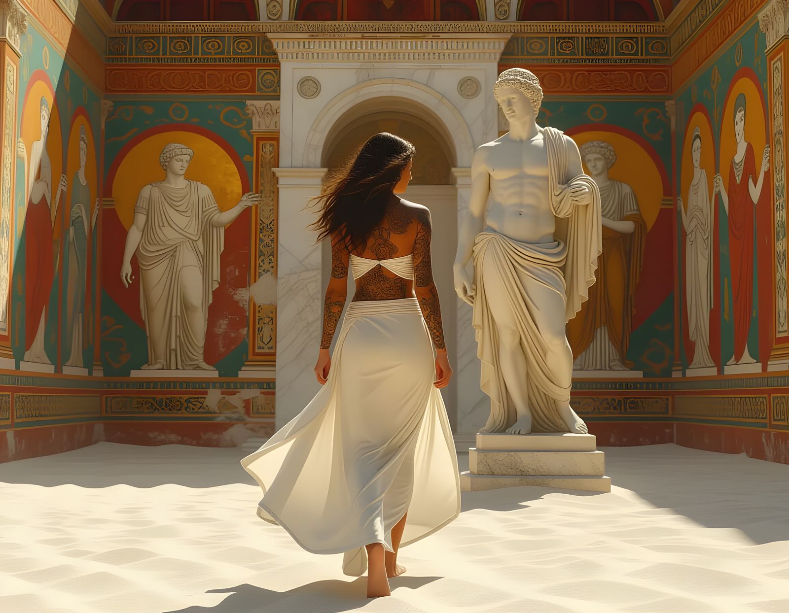 Pompeii Home Interior with Roman Frescoes and Tattooed Woman