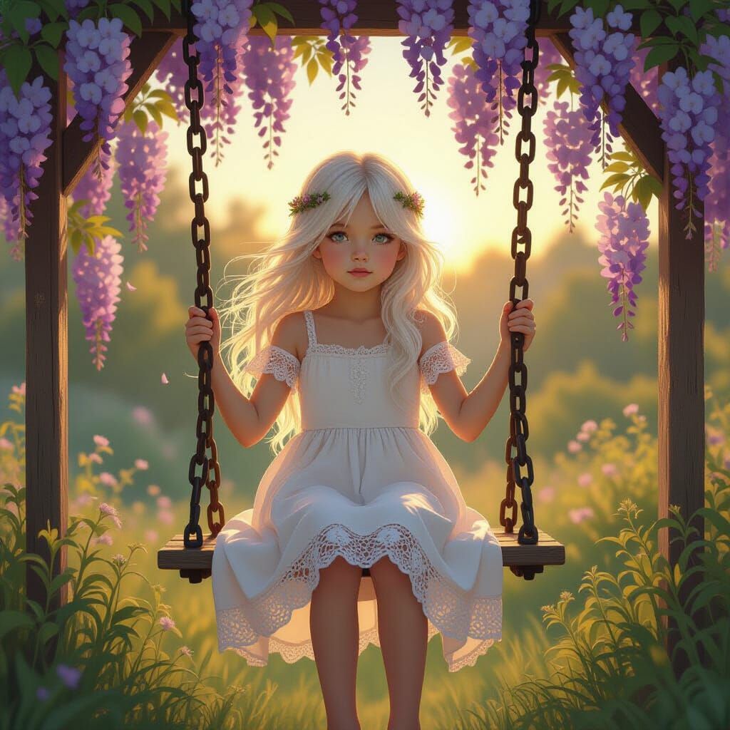Girl on Swing in Wisteria Garden
