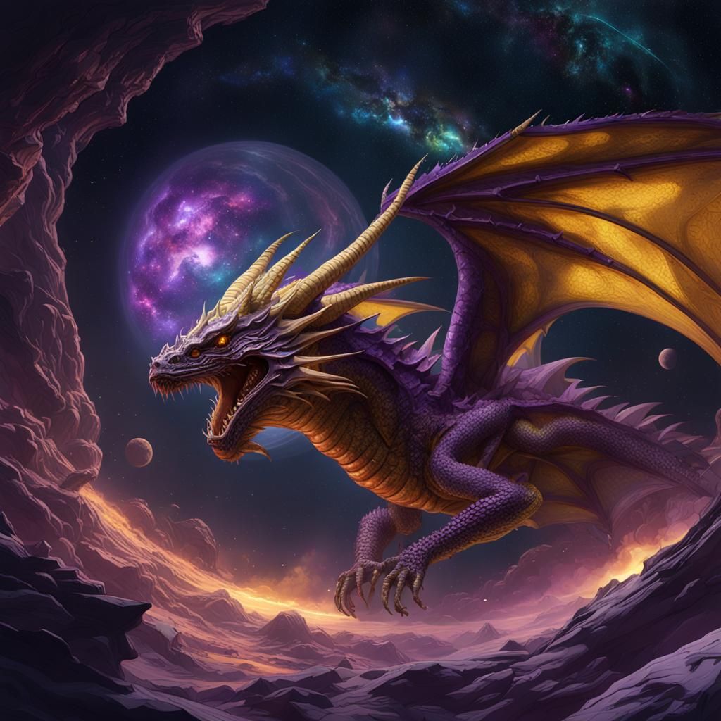 Majestic Dragon Soaring Through Space in Dark Fantasy Art