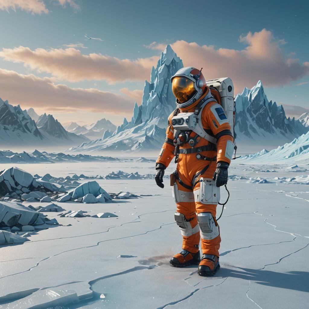 Vibrant Sci-Fi Landscape with Explorer in Orange Space Suit