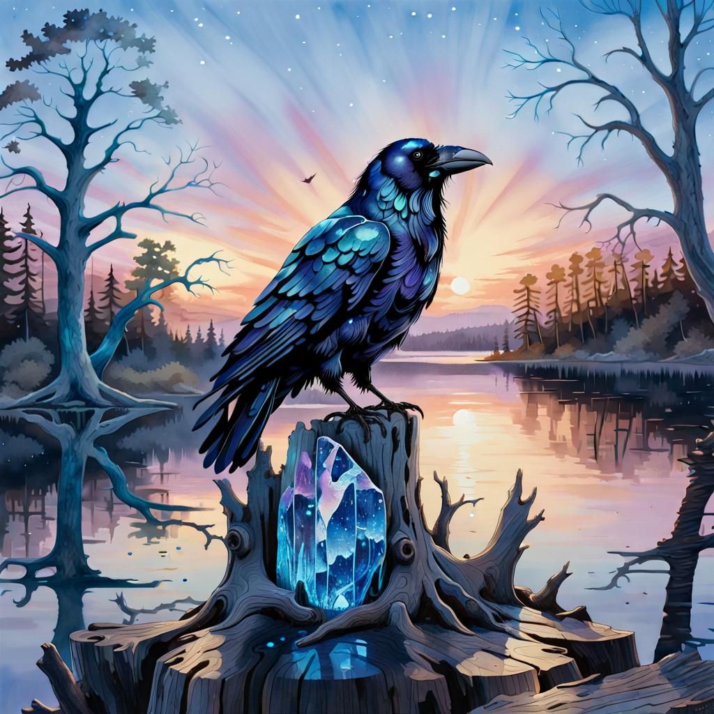 Bioluminescent Glass Raven Watercolor Fantasy