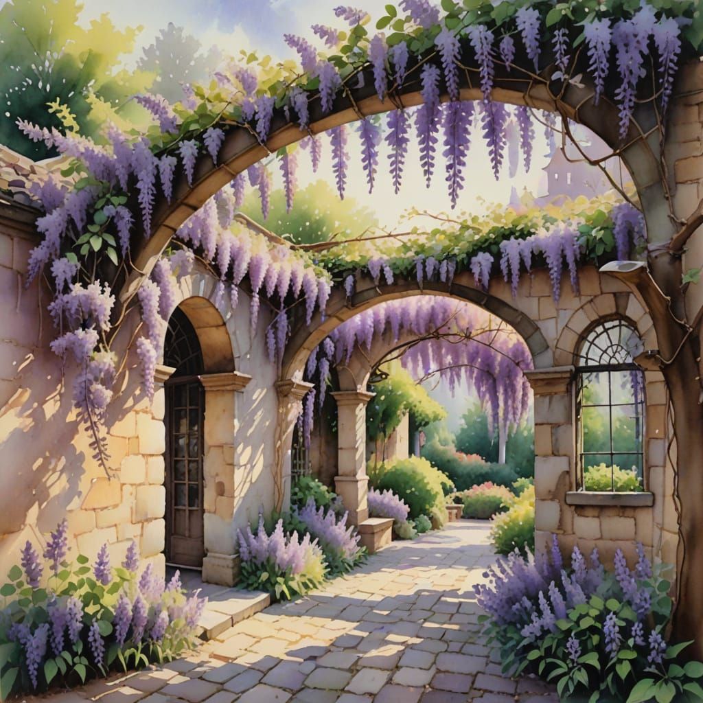 Watercolor Wisteria Arbor Over Cobblestone Courtyard