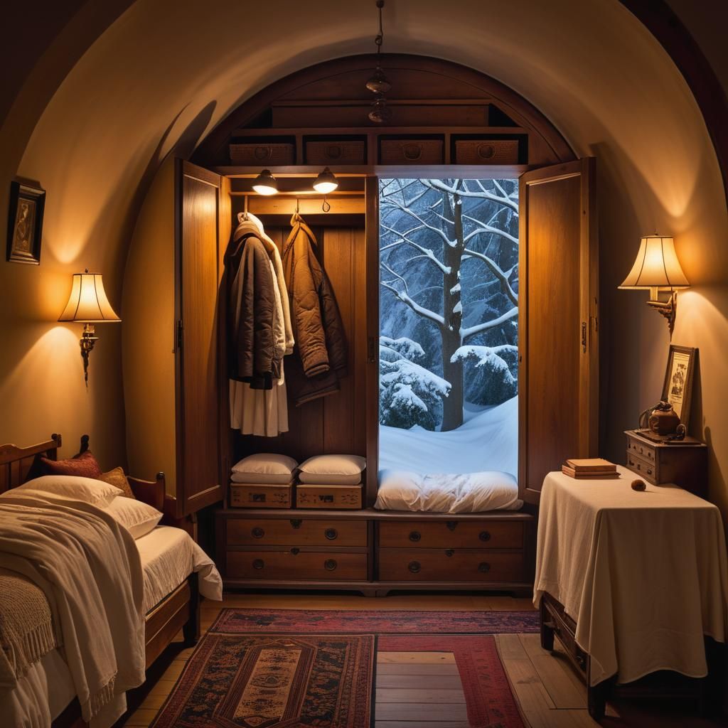 Magical Wardrobe Portal to Narnia in Oil Painting Style