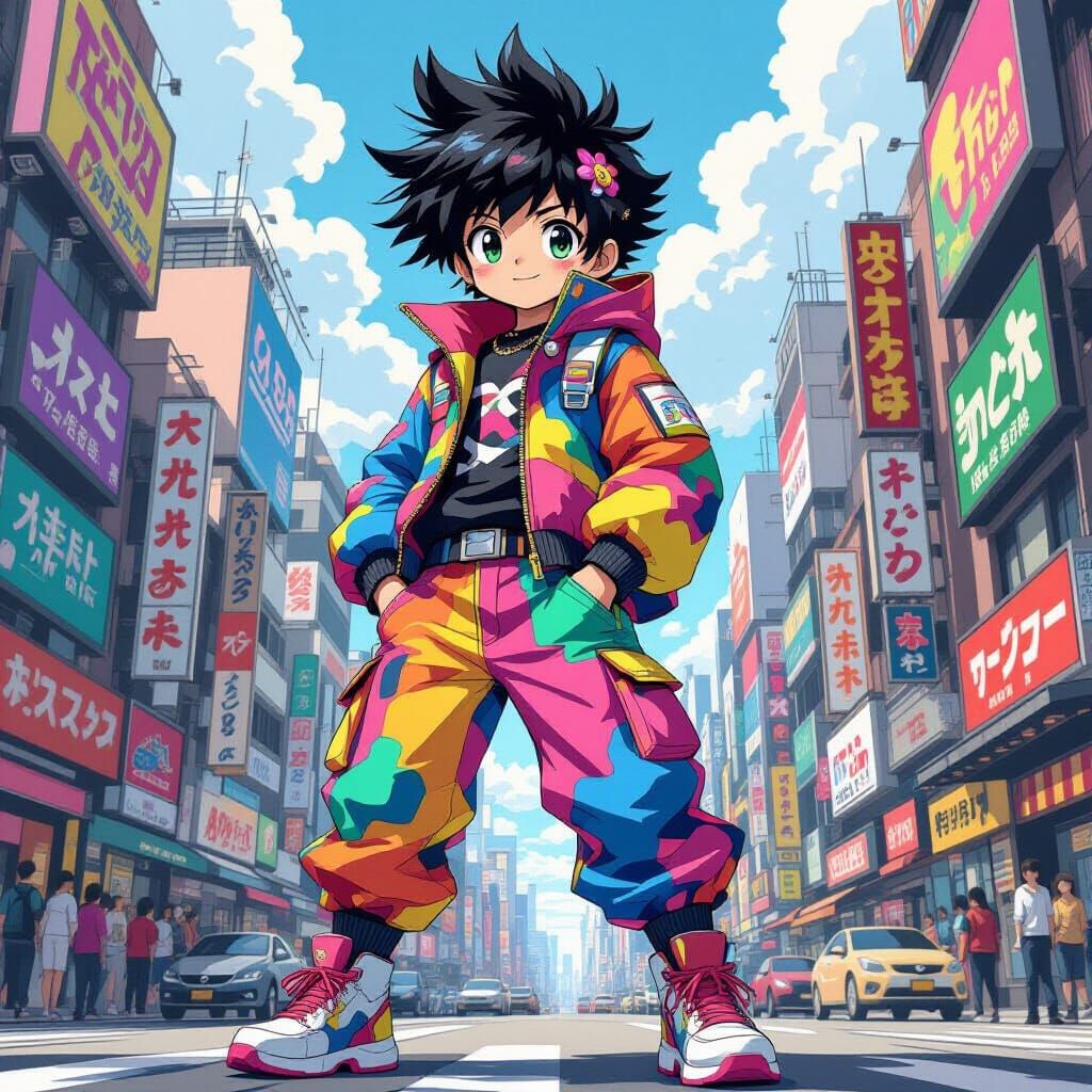 Anime Protagonist in Vibrant Cityscape, Bold Lines & Colors