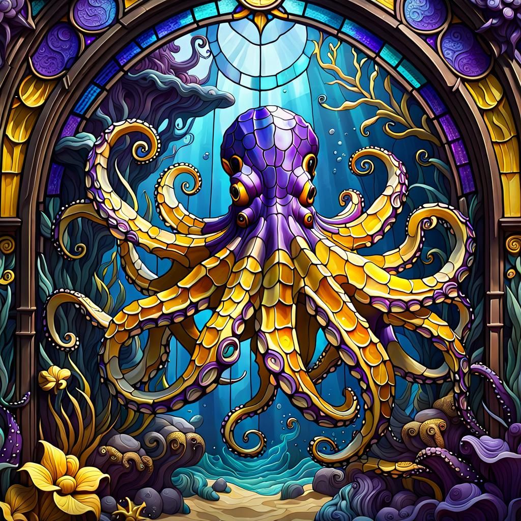 Stained Glass Octopus in Deep Color Oceanic Scene