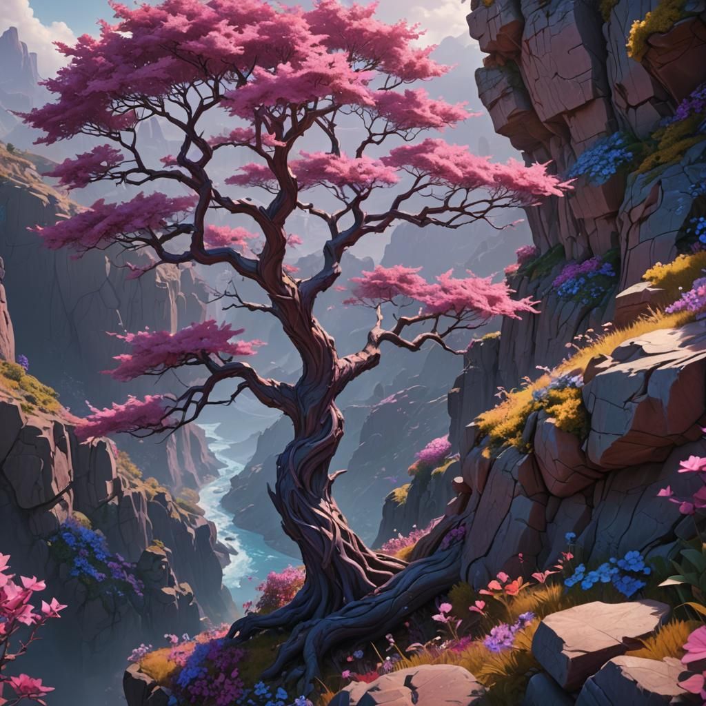 Fantastical Tree with Colorful Blossoms on Cliff Edge