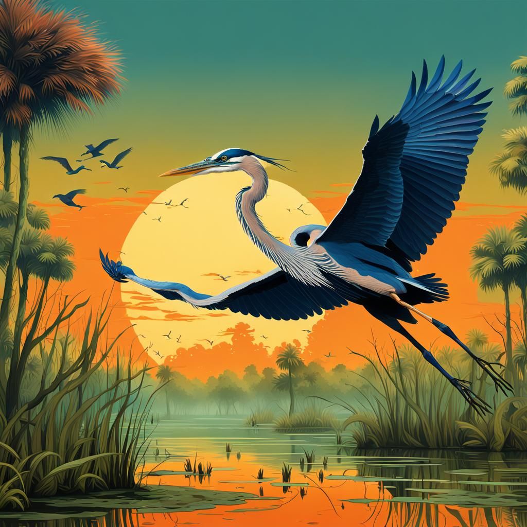 Great Blue Heron Flight: Vintage Travel Poster Art