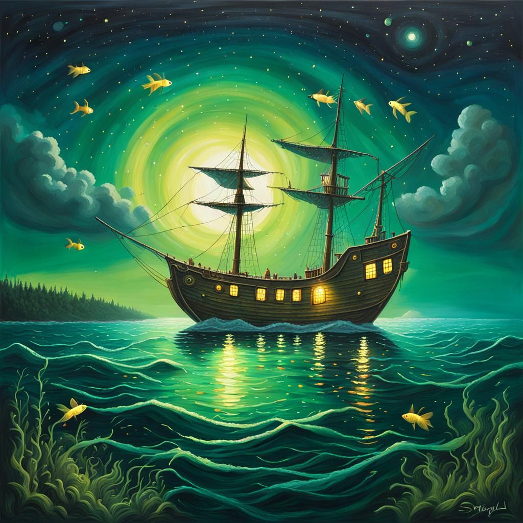 Magical Firefly Ship Illuminates Night Sea, Surreal Painting