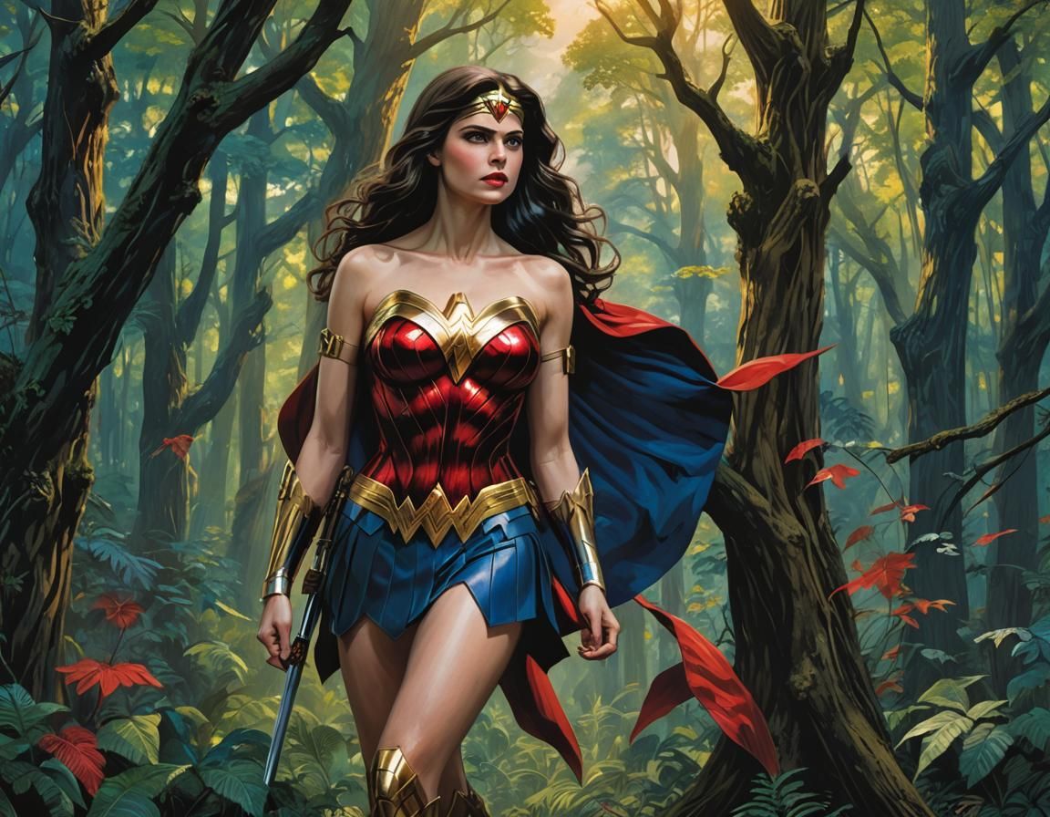 Wonder Woman in Forest: Art Nouveau Comic Style