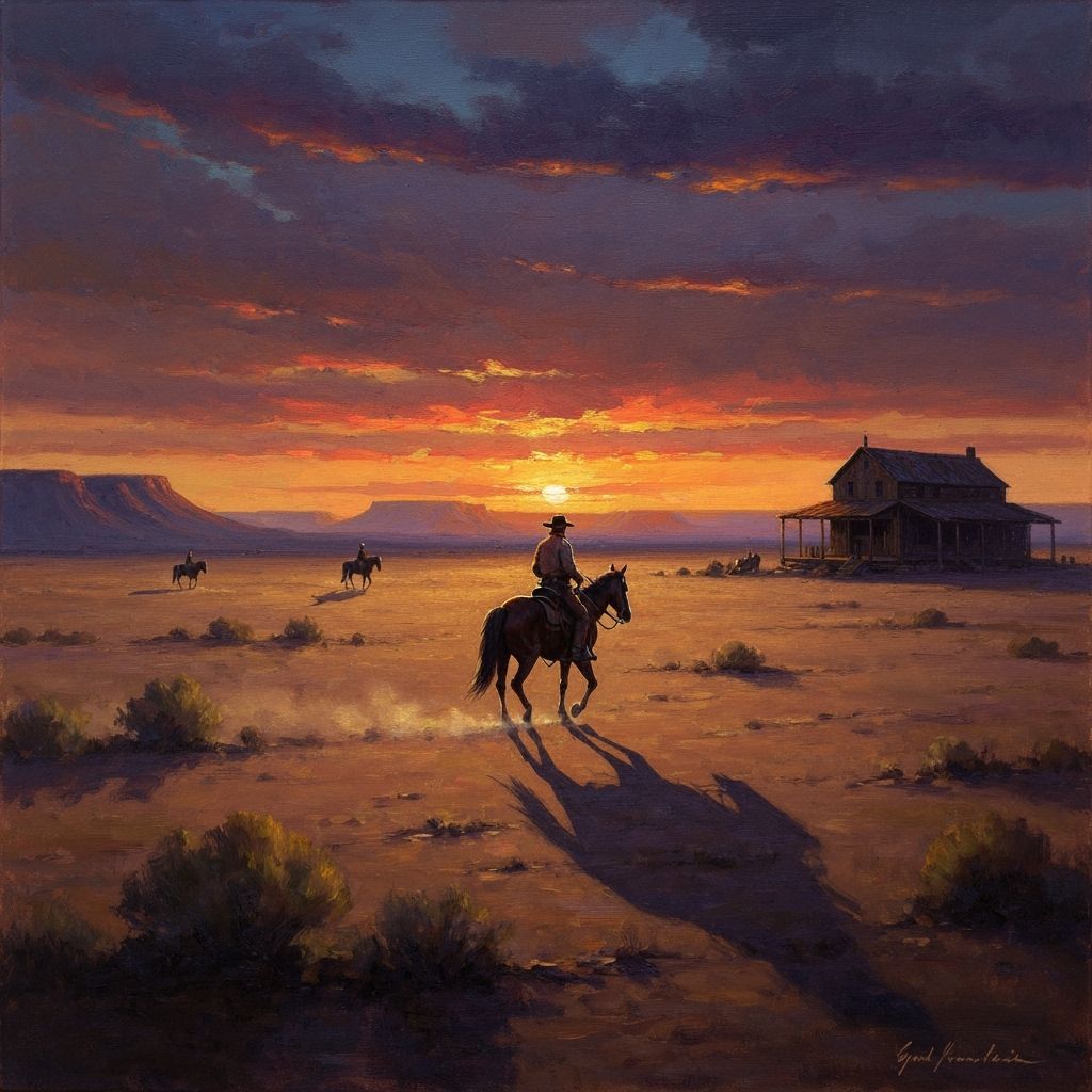 Cowboy in Sun-Drenched Desert Dusk Oil Painting