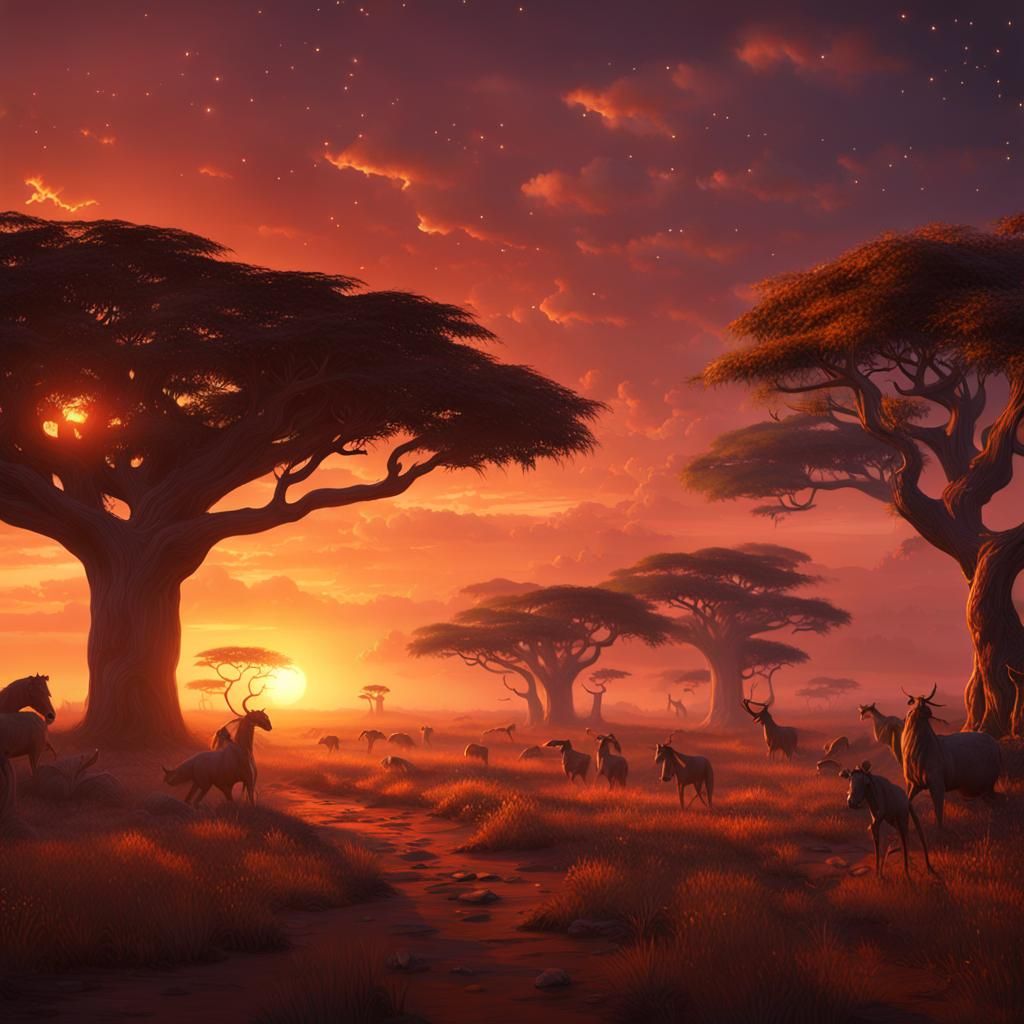 African Sunset: Detailed Matte Painting in Deep Color