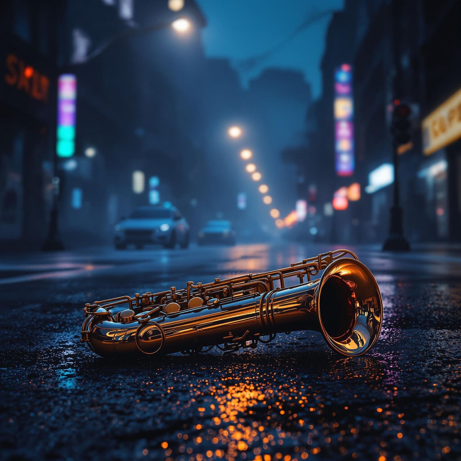 Saxophone Abandoned on City Street in Neon-Noir Futurism