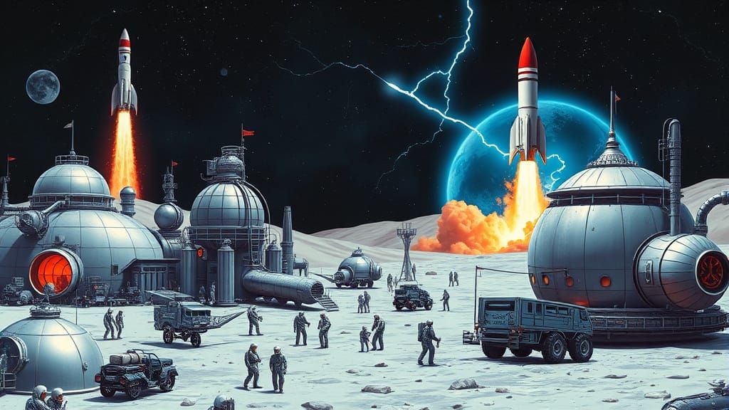 Retro-Futuristic Lunar Cityscape in 1950s Sci-Fi Style