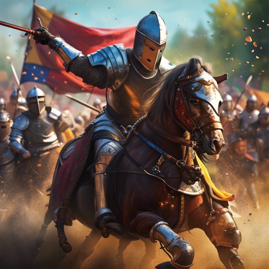 Medieval Knights Jousting in Hyperrealistic Splash Art