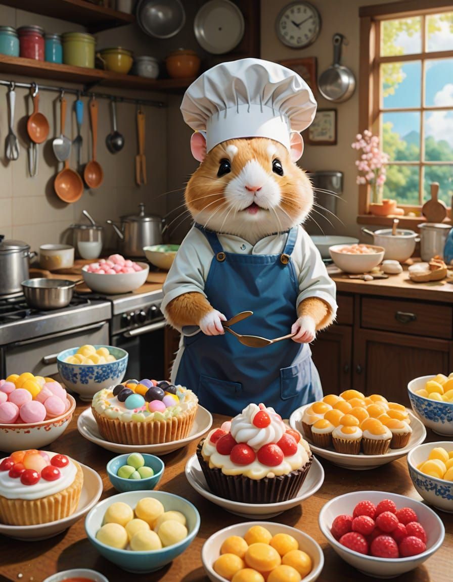 Whimsical Hamster Baker in a Cozy Japanese Kitchen
