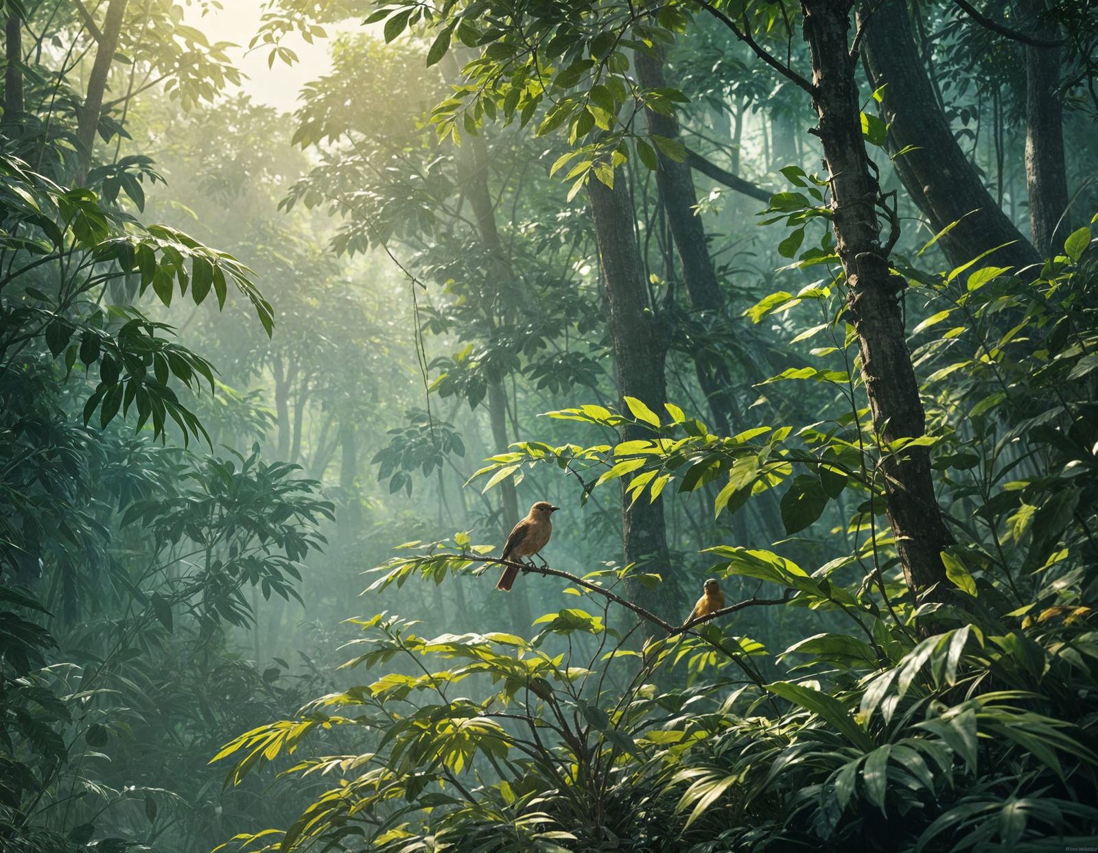 Lush Rainforest Birds in Sunlight: 3D Anime Art