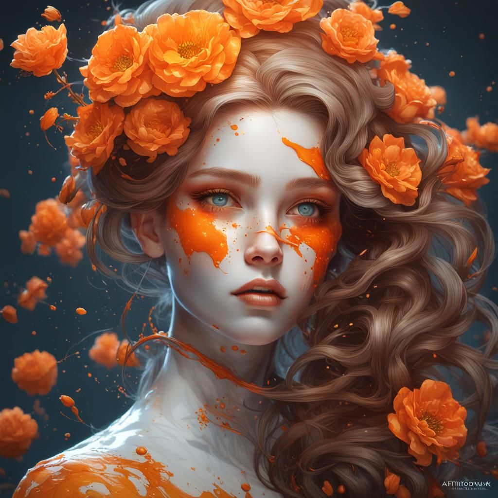 Porcelain Doll with Orange Flowers: Hyperdetailed Art