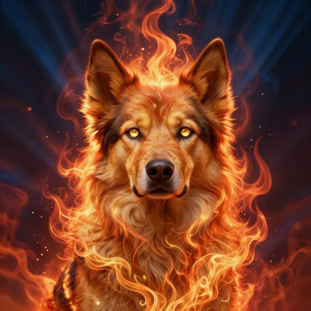 Majestic Firedog Portrait with Molten Gold Eyes