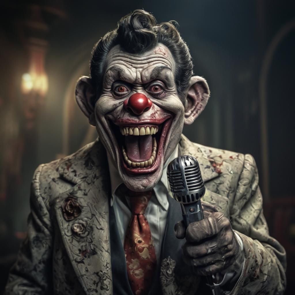Zombie Monkey Clown Maniacally Grinning with Microphone