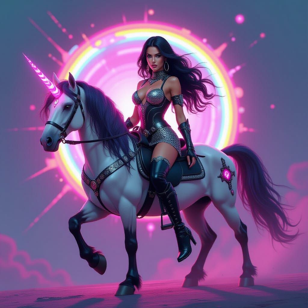 Goddess on Neon Unicorn in Cyberpunk Landscape